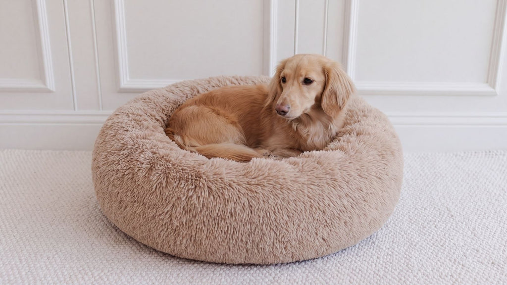 Hund schläft entspannt im beigen kuscheligen Hundebett WOLKE
