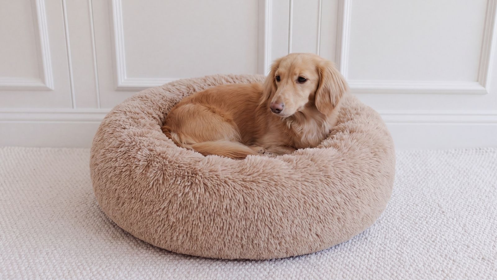 Hund schläft entspannt im beigen kuscheligen Hundebett WOLKE